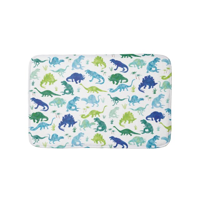 Green Blue Watercolor Dinosaur Silhouette Kids Bath Mat (Front)