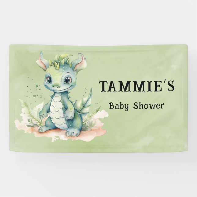 Green Blue Watercolor Dragon Boy Baby Shower Banner (Horizontal)