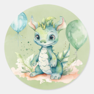 Green Blue Watercolor Dragon Boy Baby Shower Classic Round Sticker