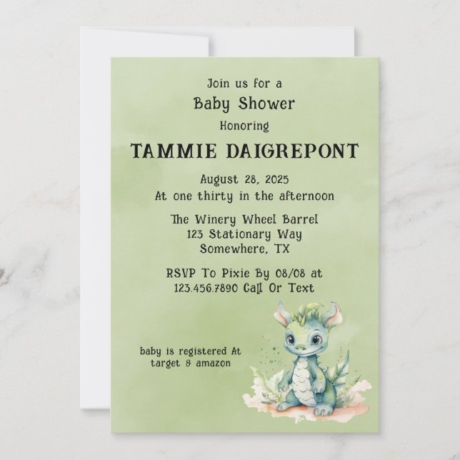 Green Blue Watercolor Dragon Boy Baby Shower Invitation (Front)