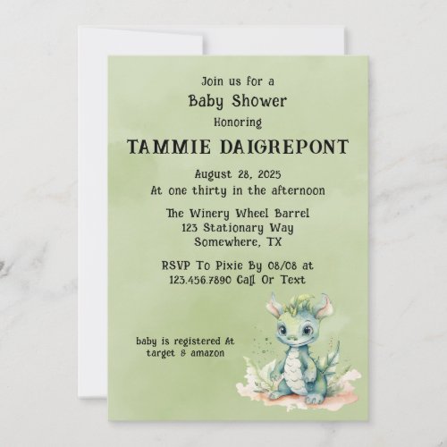 Green Blue Watercolor Dragon Boy Baby Shower Invitation