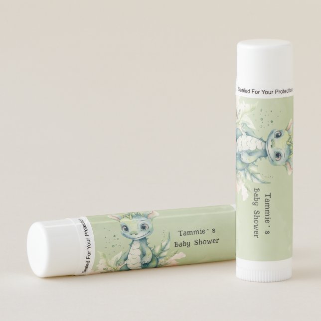 Green Blue Watercolor Dragon Boy Baby Shower Lip Balm (Front)