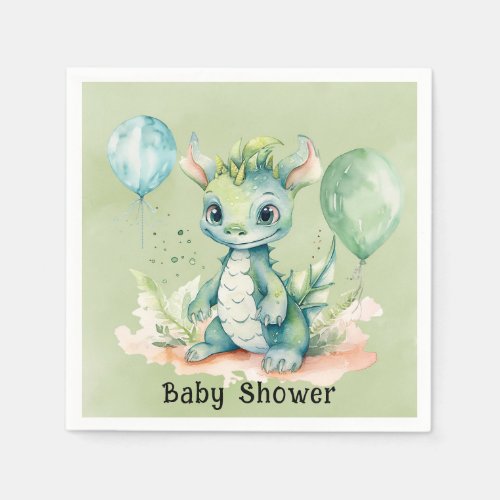 Green Blue Watercolor Dragon Boy Baby Shower Napkins