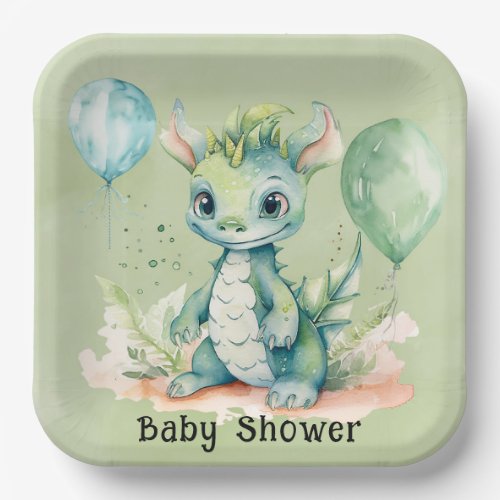Green Blue Watercolor Dragon Boy Baby Shower Paper Plates