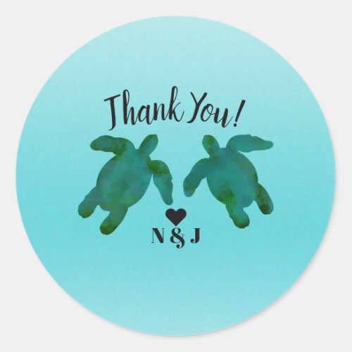 Green Blue Watercolor Ocean 2 Sea Turtles Classic Round Sticker