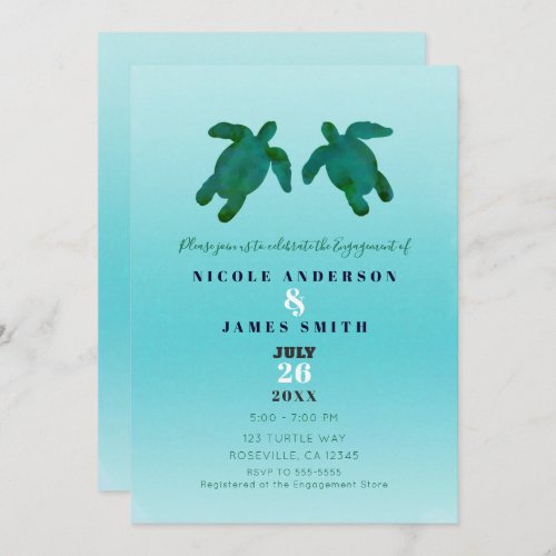 Green Blue Watercolor Ocean Sea Turtles Engagement Invitation