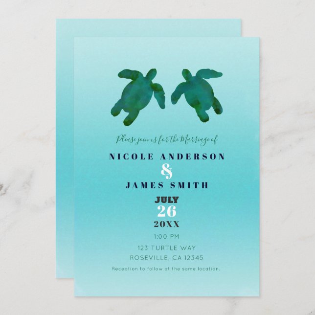 Green Blue Watercolor Ocean Sea Turtles Wedding Invitation (Front/Back)