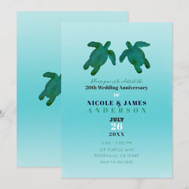 Green Blue Watercolor Ocean Turtles Anniversary Invitation (Front/Back)