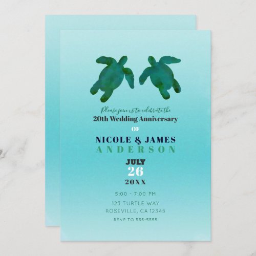 Green Blue Watercolor Ocean Turtles Anniversary Invitation