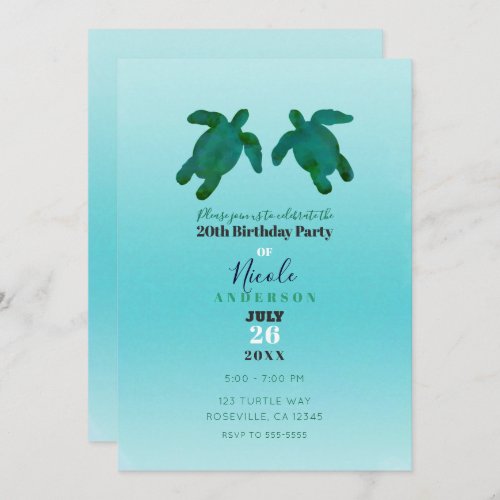 Green Blue Watercolor Ocean Turtles Birthday Party Invitation