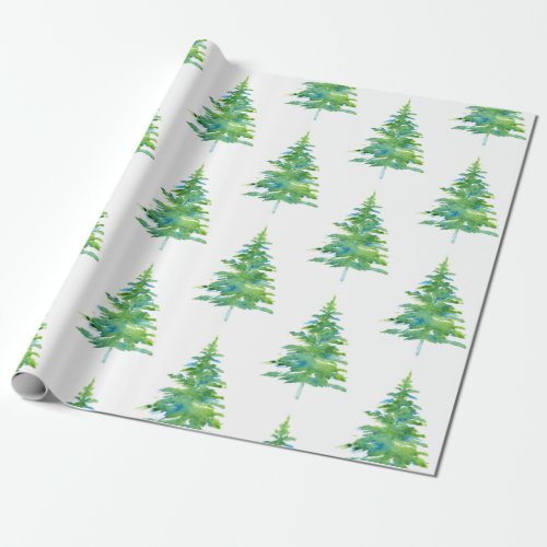 Green Blue Watercolor Pine Tree Pattern Wrapping Paper