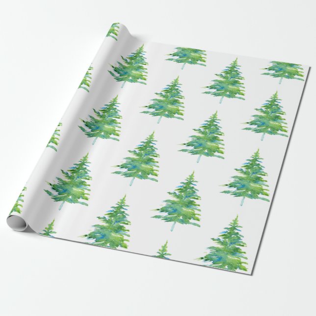 Green Blue Watercolor Pine Tree Pattern Wrapping Paper (Unrolled)