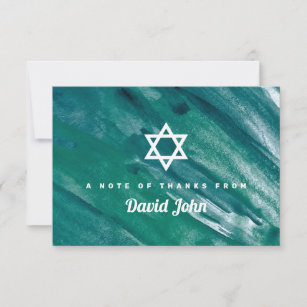 Green Blue Watercolor Star of David Bar Mitzvah Thank You Card