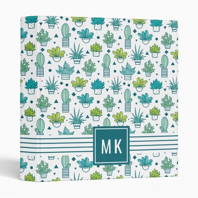 Green & Blue Watercolor Succulent Pattern 3 Ring Binder (Front/Spine)
