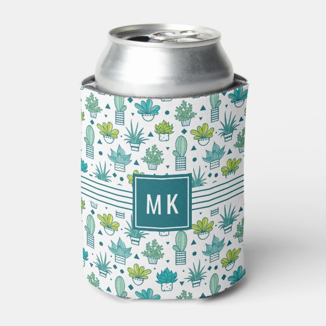 Green & Blue Watercolor Succulent Pattern Can Cooler (Can Front)