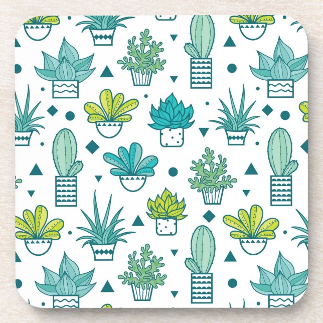 Green & Blue Watercolor Succulent Pattern Drink Coaster (Front)