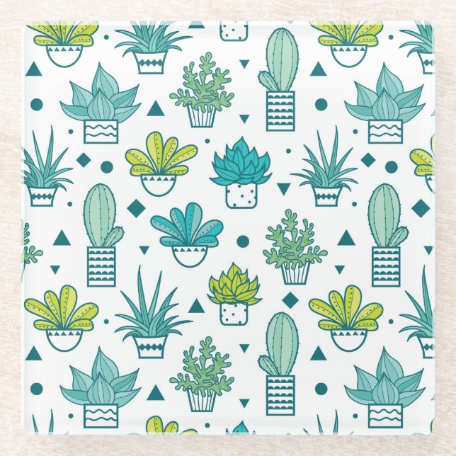 Green & Blue Watercolor Succulent Pattern Glass Coaster (Front)