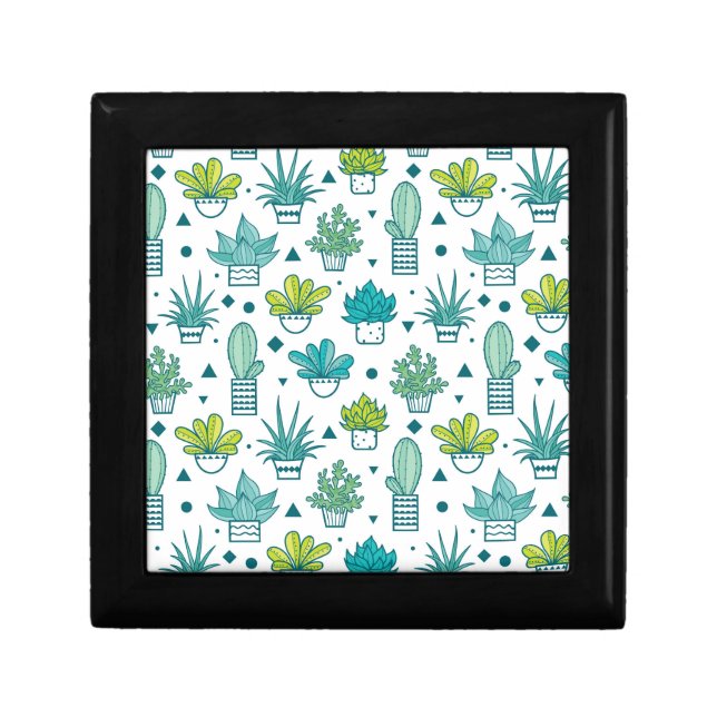 Green & Blue Watercolor Succulent Pattern Jewelry Box (Front)