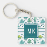 Green &amp; Blue Watercolor Succulent Pattern Keychain