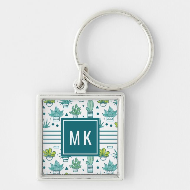 Green & Blue Watercolor Succulent Pattern Keychain (Front)