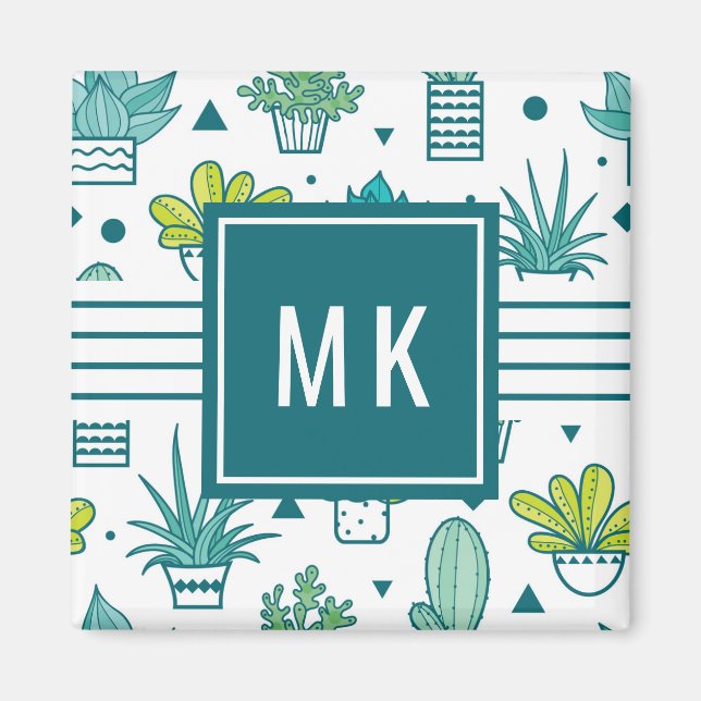 Green & Blue Watercolor Succulent Pattern Magnet (Front)