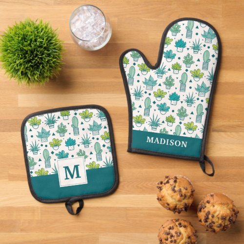 Green  Blue Watercolor Succulent Pattern Oven Mitt  Pot Holder Set