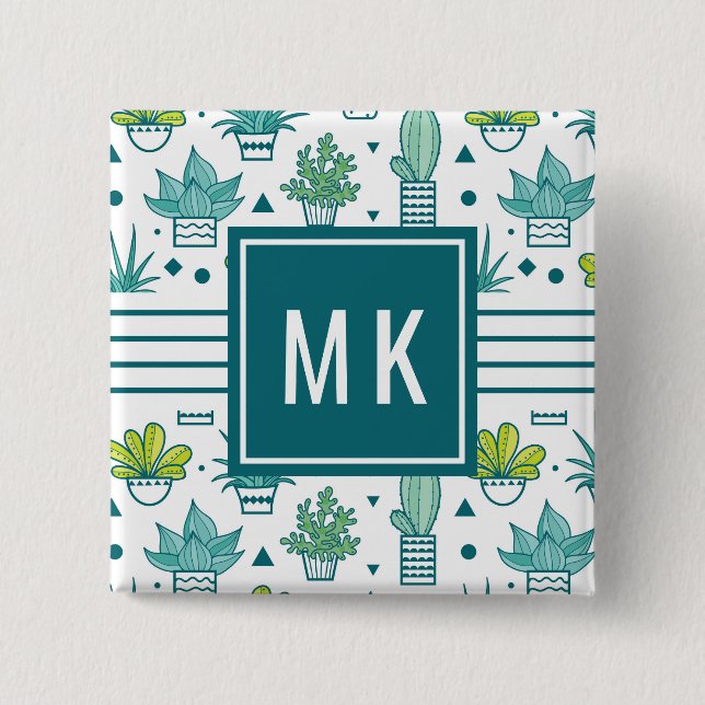 Green & Blue Watercolor Succulent Pattern Pinback Button (Front)