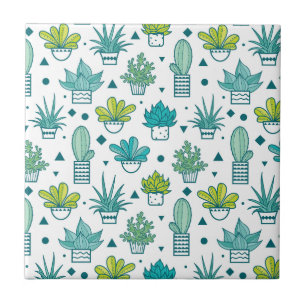 Green & Blue Watercolor Succulent Pattern Tile