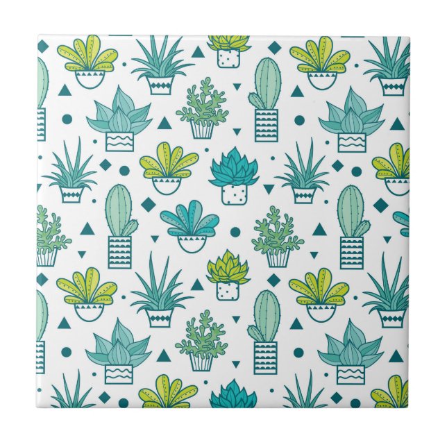 Green & Blue Watercolor Succulent Pattern Tile (Front)