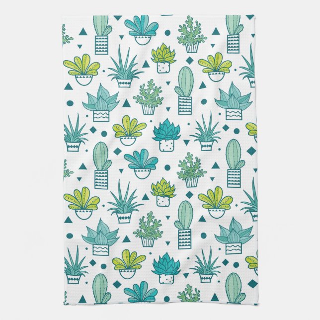 Green & Blue Watercolor Succulent Pattern Towel (Vertical)