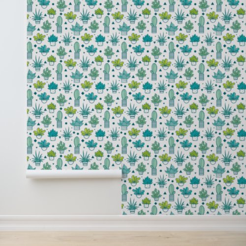 Green  Blue Watercolor Succulent Pattern Wallpaper