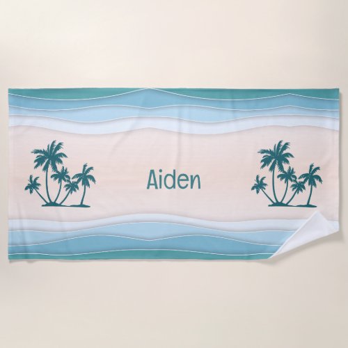 Green Blue Waves Palm Trees Beach Towel