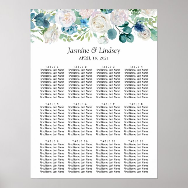 Green Blue White Floral Wedding Seating Chart (Front)