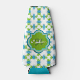 Green, Blue, White Monogram Funky Geometric Bottle Cooler