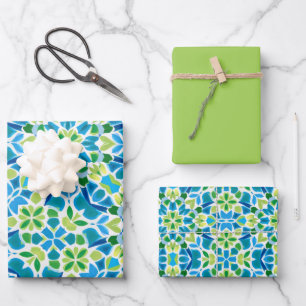 Green, Blue & White Pattern Wrapping Paper Sheets
