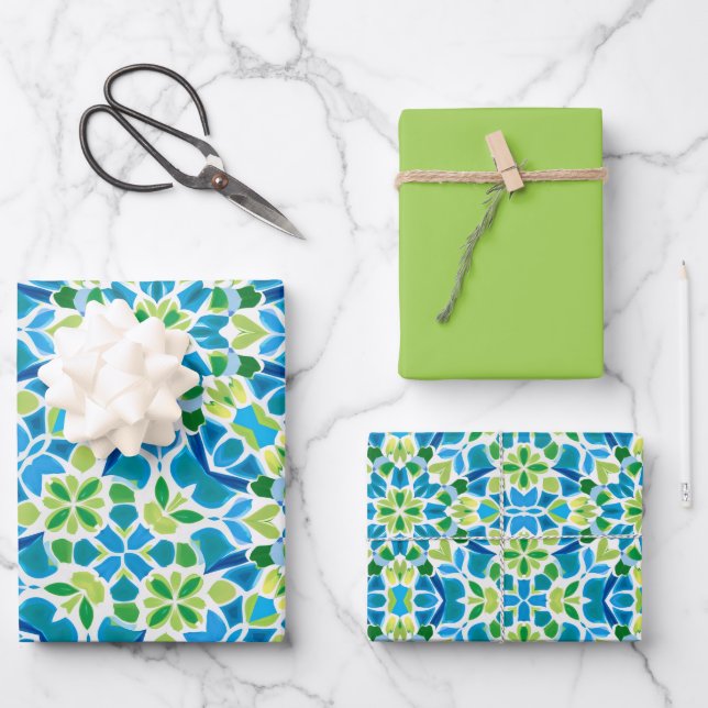 Green, Blue & White Pattern Wrapping Paper Sheets (Front)