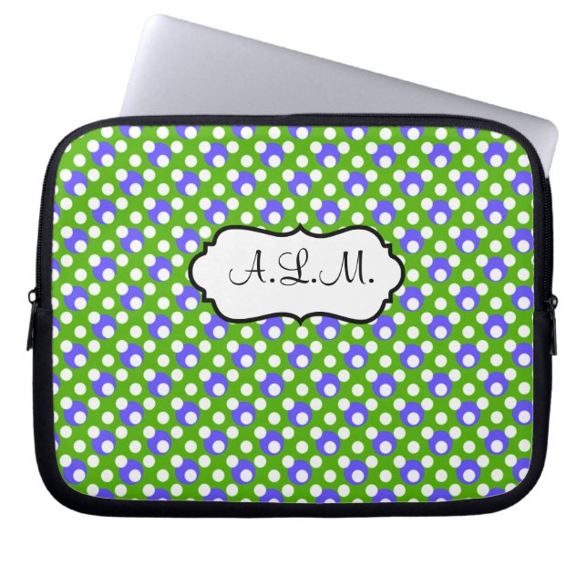 Green, Blue, White Polka Dots Laptop Sleeve (Front)
