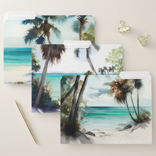 GREEN BLUE WHITE WATERCOLOR TROPICAL BEACH SCENE FILE FOLDER