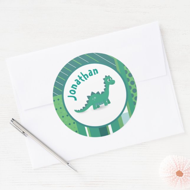 Green/blue with cute dinosaur animal classic round sticker (Envelope)