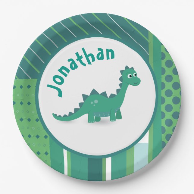 Green/blue with cute dinosaur animal  paper plates (Front)