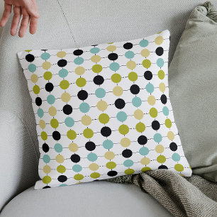 Green Blue Yellow Black Circles Retro MCM Pattern Throw Pillow