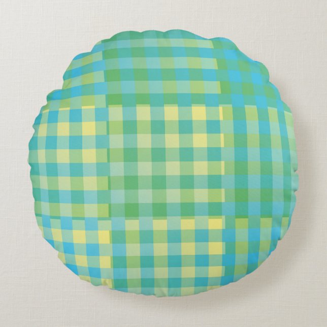 Green Blue Yellow Checker Patchwork Pattern Round Pillow (Front)
