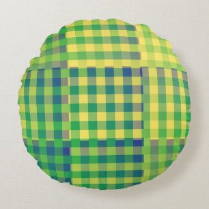 Green Blue Yellow Checker Patchwork Pattern Round Pillow