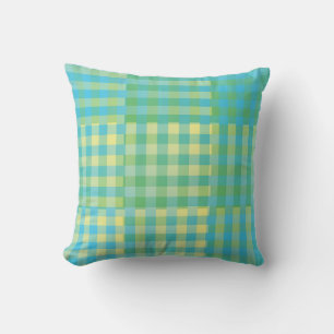 Green Blue Yellow Checker Patchwork Pattern Throw Pillow