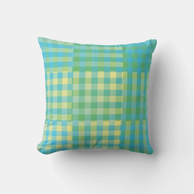 Green Blue Yellow Checker Patchwork Pattern Throw Pillow (Front)