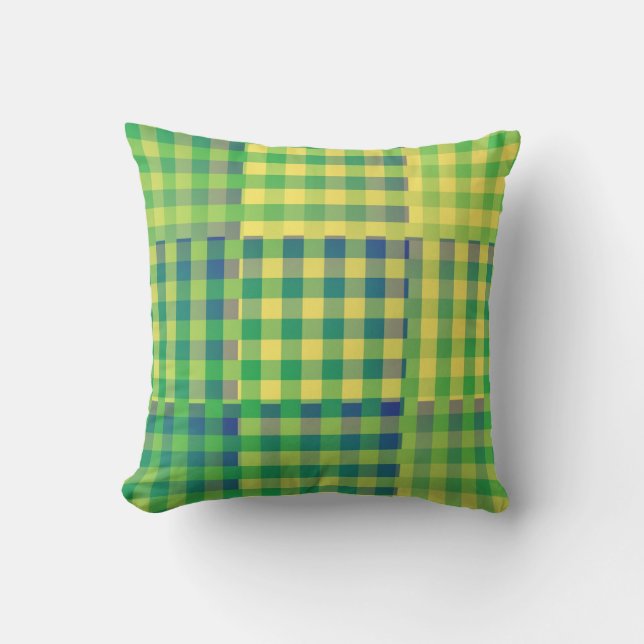 Green Blue Yellow Checker Patchwork Pattern Throw Pillow (Front)
