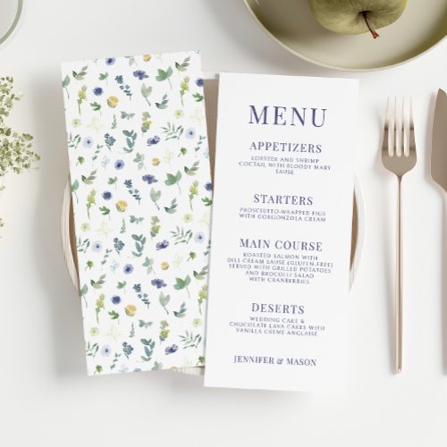 Green blue yellow floral wedding menu cards