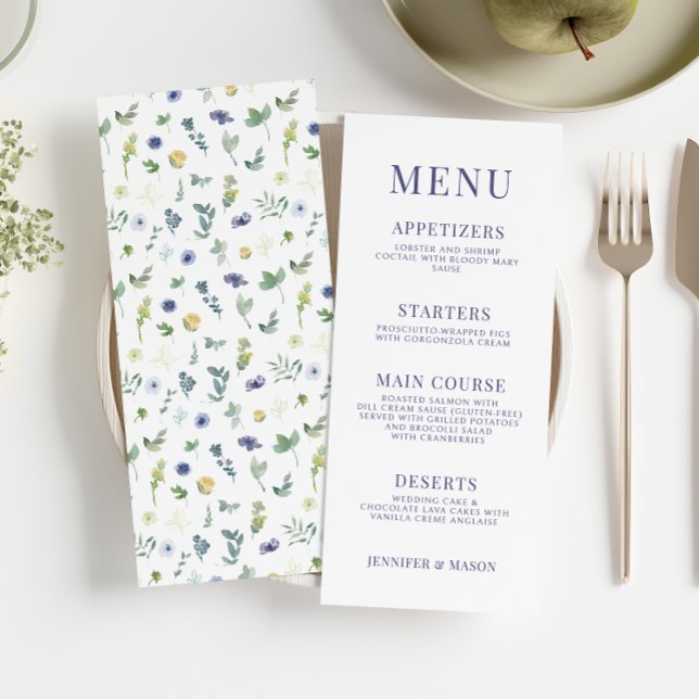 Green blue yellow floral wedding menu cards (Creator Uploaded)