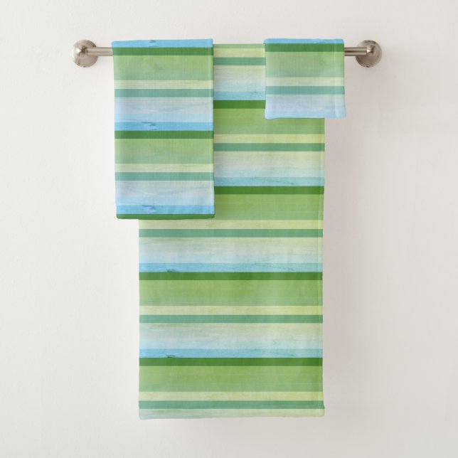 Green blue yellow stripes - grunge look bath towel set (Insitu)
