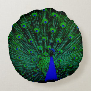 GREEN BLUE YELLOW STUNNING PEACOCK ROUND PILLOW